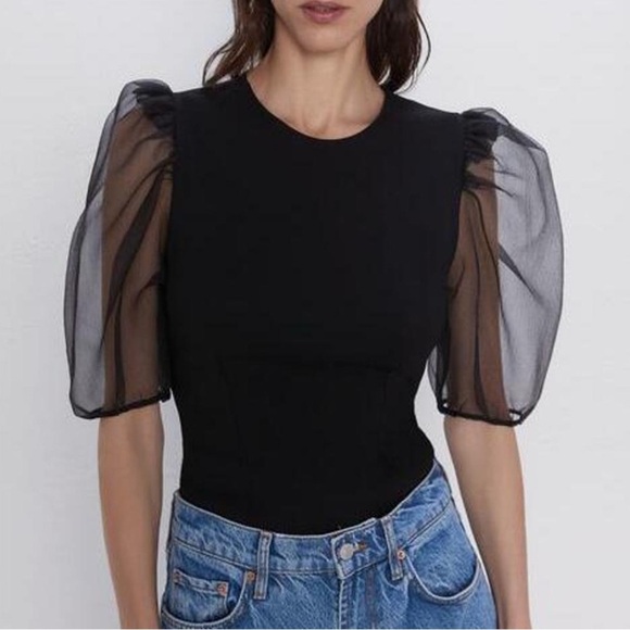 Zara Black Organza Puff Sleeve Blouse Goth Glam XXL Dark Academia Avant-Garde - Picture 15 of 15